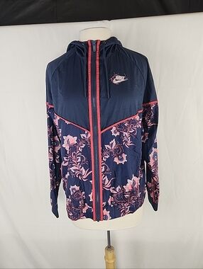 Nike Floral Windbreaker Jacket Women XL Blue Pink Hooded Full Zip Athleisure